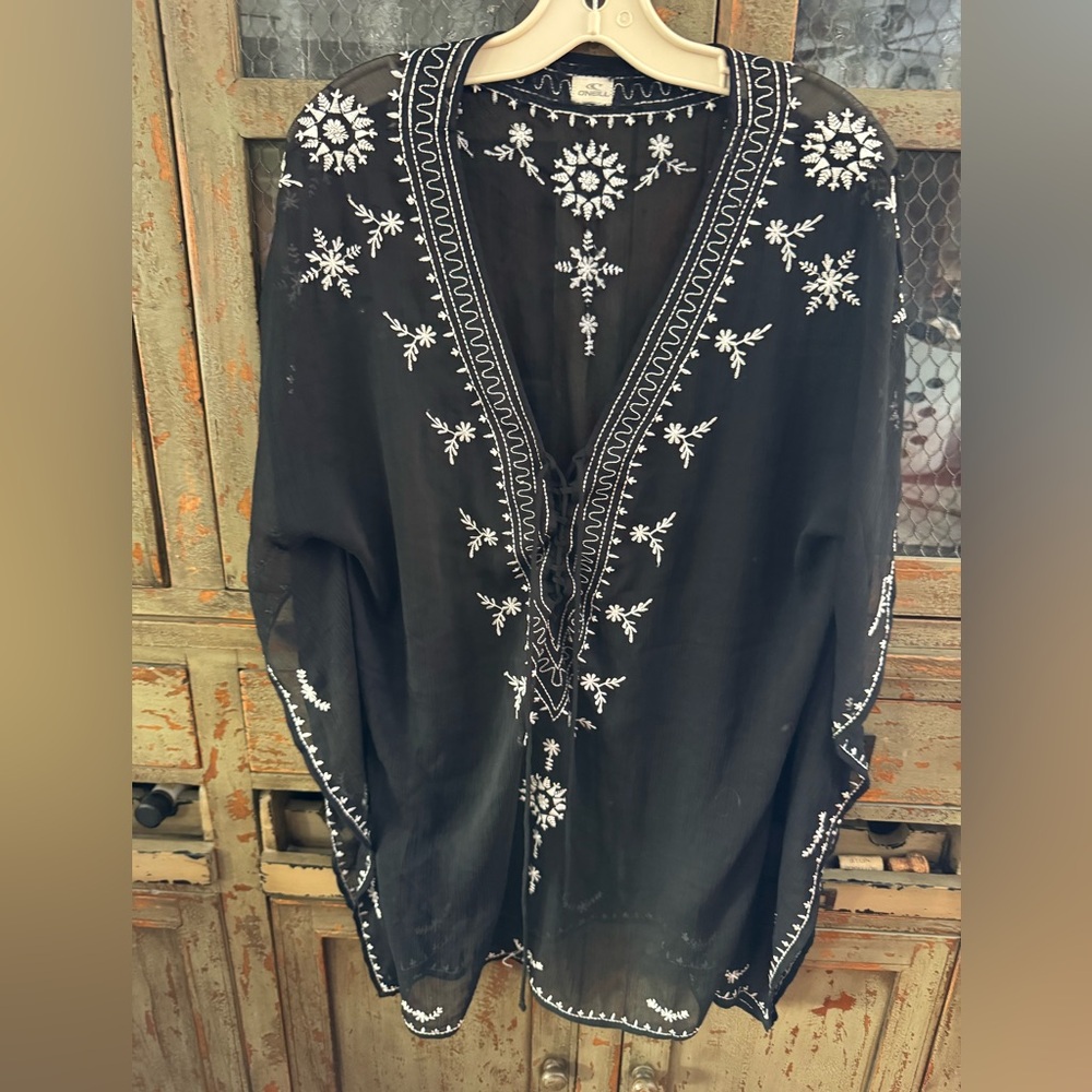 O'Neill Black and White Embroidered Swim Coverup